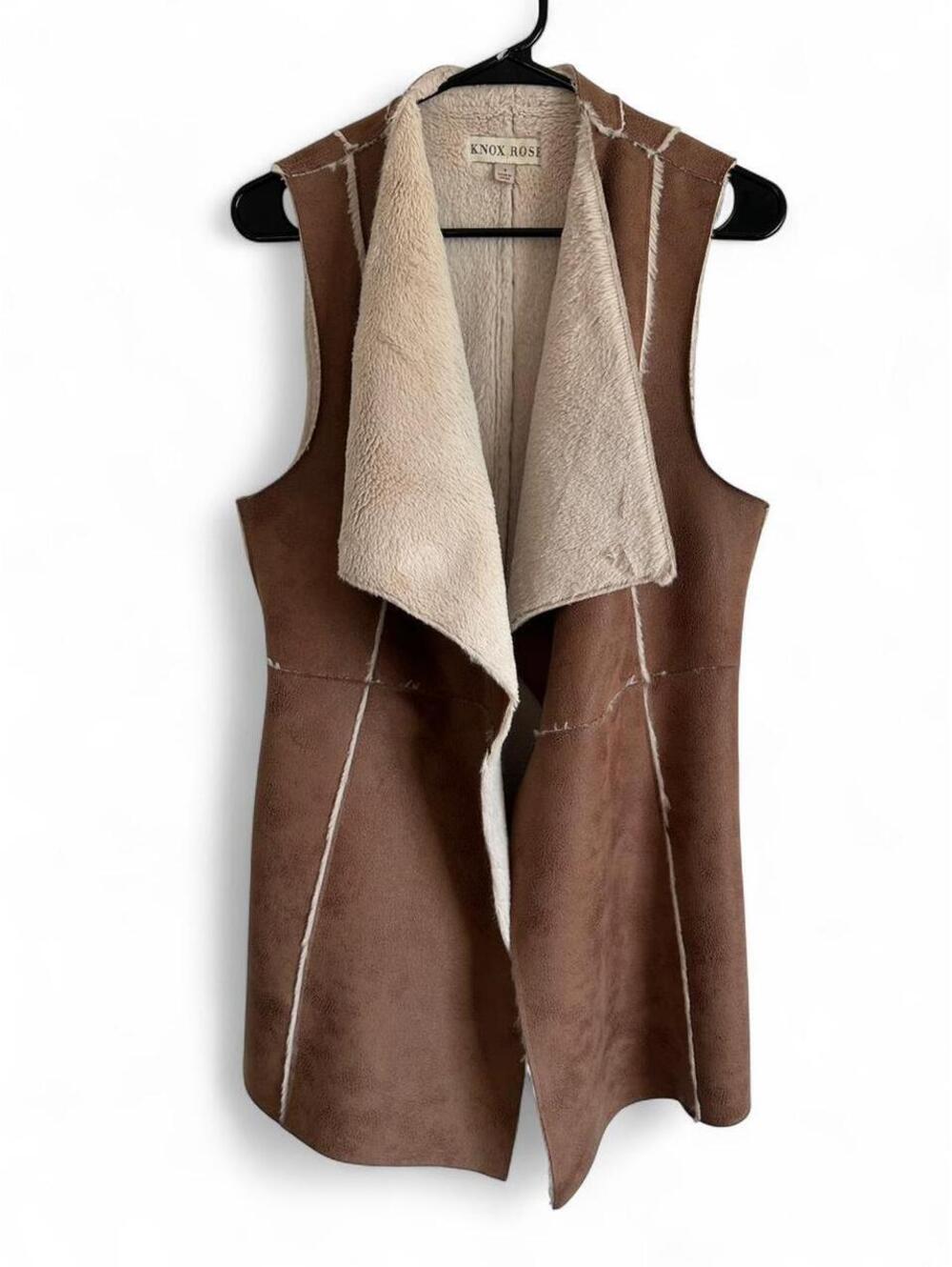 Knox Rose Women’s Small Faux Suede Shearling Vest Brown Waterfall Draped